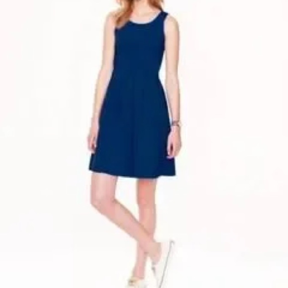 J Crew scuba knit stretch material navy blue sleeveless fit and flare dress 4